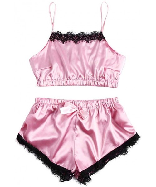 Bras Womens Sexy Satin Sling Sleepwear Lingerie Lace Bowknot Nightwear Underwear Set - Pink - CO1953RH6G5