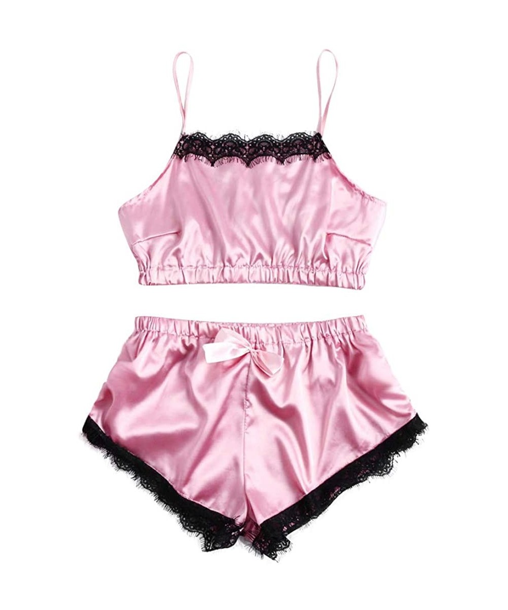 Bras Womens Sexy Satin Sling Sleepwear Lingerie Lace Bowknot Nightwear Underwear Set - Pink - CO1953RH6G5