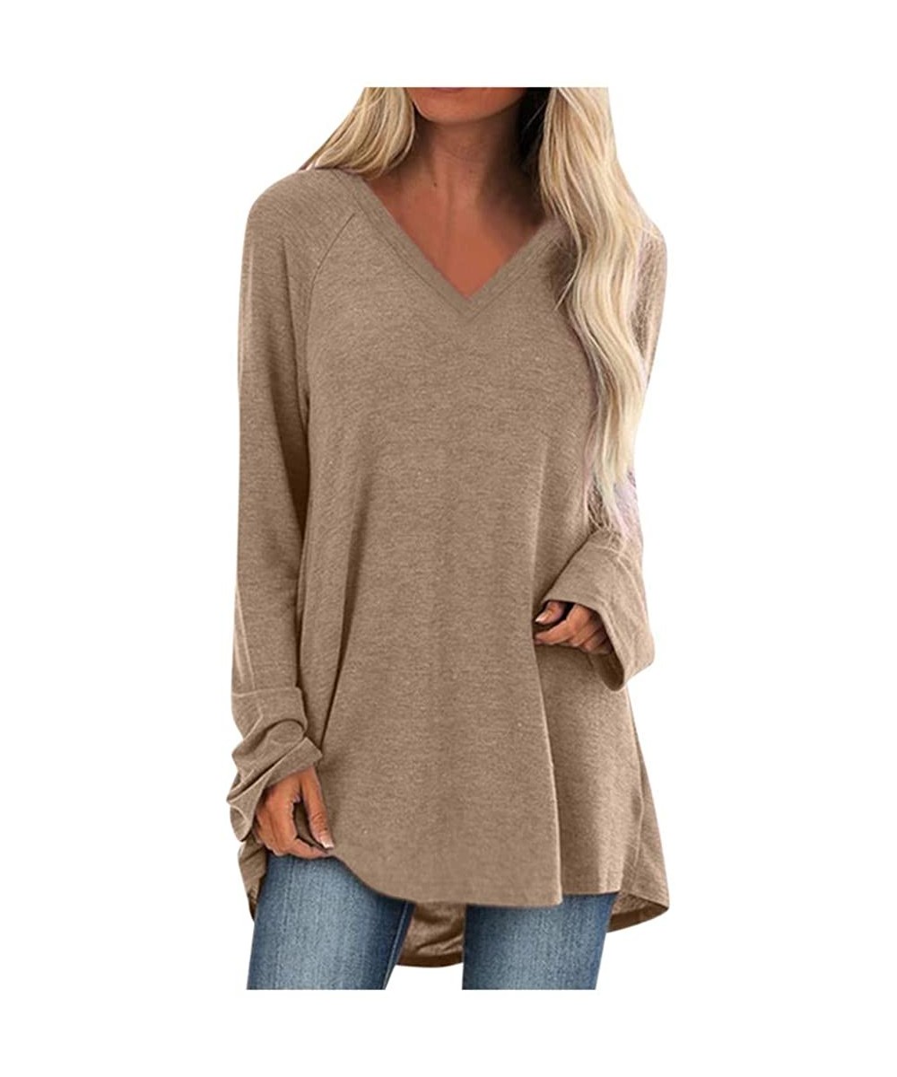 Thermal Underwear Women's Fashion Plus Size V Neck Long Sleeved T-Shirt Blouse Tops - Khaki - CH194G3Y730