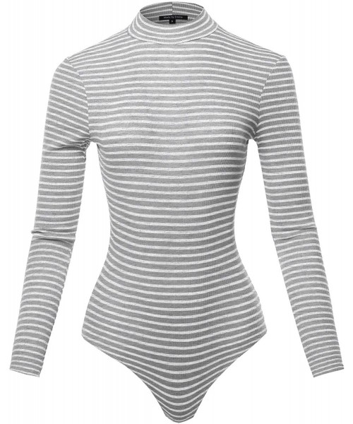 Shapewear Women's Ribbed Stripe Mock Neck Long Sleeve Bodysuit - Fewbsl0010 Greywhite - CA192QXKQNM