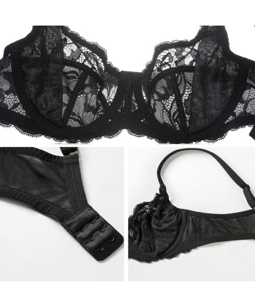 Bras Women's Sexy Sheer Lace Bra Non Padded Underwire Balconette Plus Size - Black_lace - CH18LGXM2SC