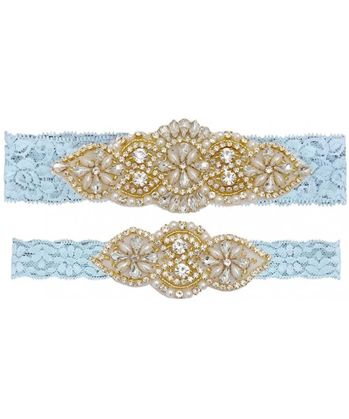Garters & Garter Belts Handmade Lace Wedding Garter Set for Bride Rhinestones Party Garters - Blue/Gold Rhinestone - CQ18YSX482E