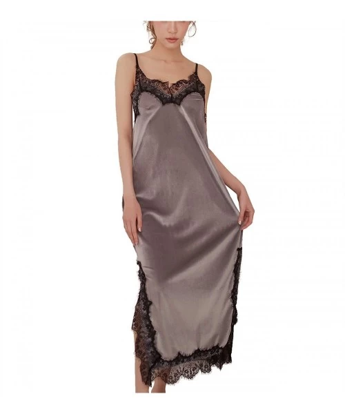 Nightgowns & Sleepshirts Women's Sexy Sleepwear Long Nightgown Slip Dress Lace Velvet Sleeveless Chemise - Grey - C5193GC0RTE