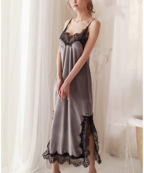 Nightgowns & Sleepshirts Women's Sexy Sleepwear Long Nightgown Slip Dress Lace Velvet Sleeveless Chemise - Grey - C5193GC0RTE