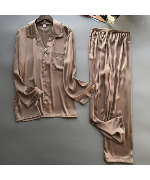 Sleep Sets Short Sleeves Long Pants Pajama Set Spring Summer Loungewear Men Solid Satin Silk Pyjamas Male Pajamas - Beige-1 -...