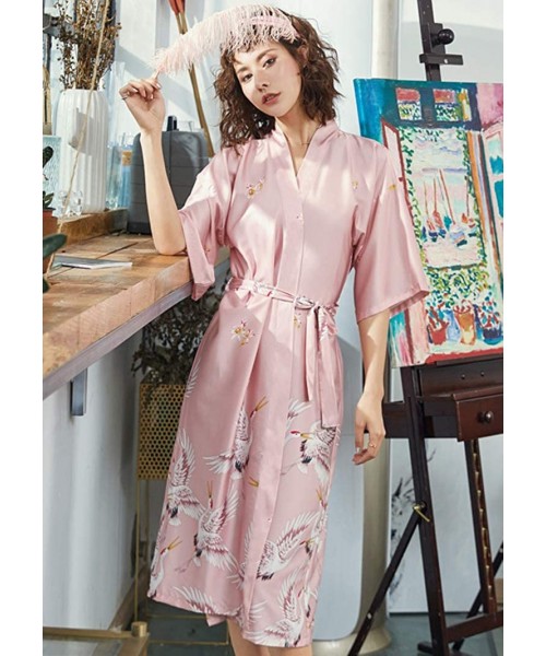 Robes Women's Short Sleeve Satin Loose Nightgown V-Neck Line Printing Kimono Robes M-XXXL - Pink - CU197TXYGN4