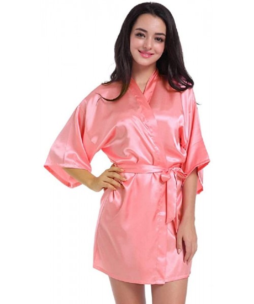 Robes Women's Pajamas Nightgown Simulation Silk Solid Color Thin Cardigan Robe Summer Sexy Short Bathrobe - Pink - C6197Y6OY7W