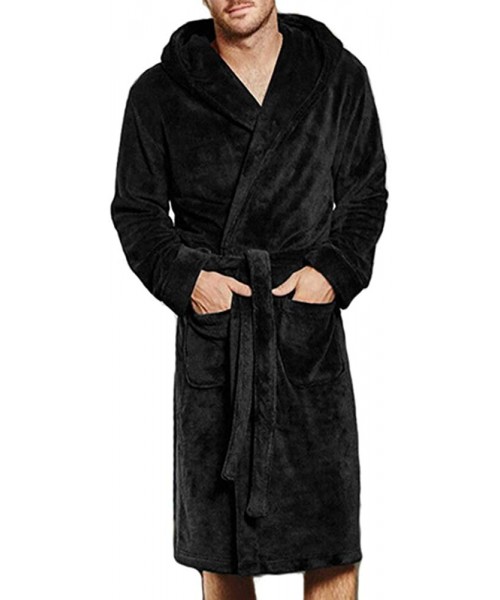 Robes Plus Size Mens Winter Fleece Bathrobes with Hood & Pockets Soft Warm Full Length Spa Robes House Gowns - Black - C6194R...