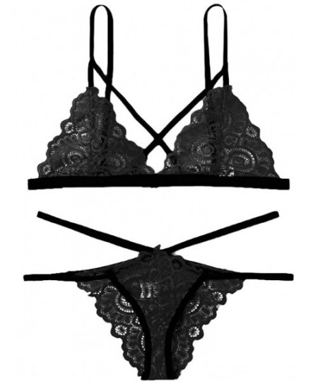 Tops New Sexy Women Plus Size Lace V-Neck Bra +Thong Lingerie Set Underwear S-2XL - Black - CK18AIHC0AR