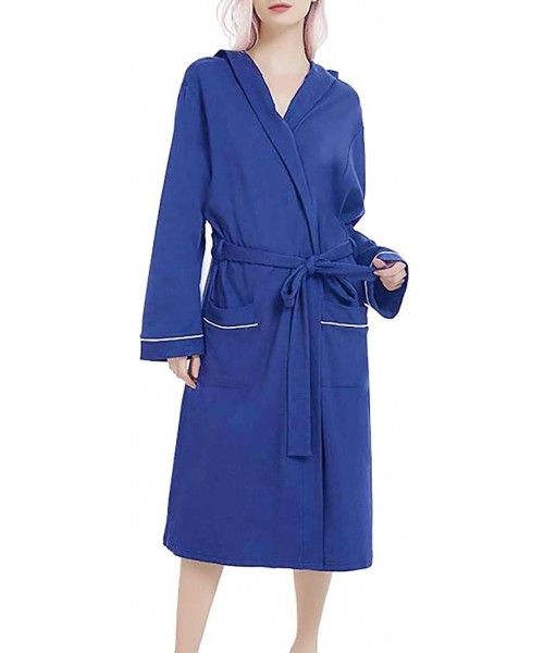 Robes Women Summer Solid Color Sexy Cotton Pajamas Nightgown Lingerie Bathrobe with BeltAnzzhon - Navy - CH18WND9HQ2