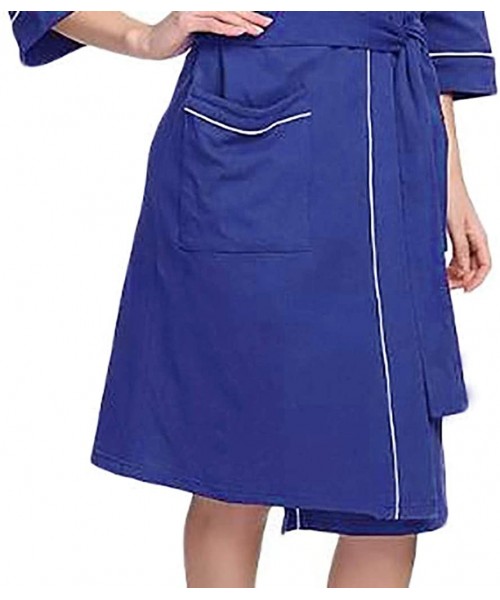 Robes Women Summer Solid Color Sexy Cotton Pajamas Nightgown Lingerie Bathrobe with BeltAnzzhon - Navy - CH18WND9HQ2