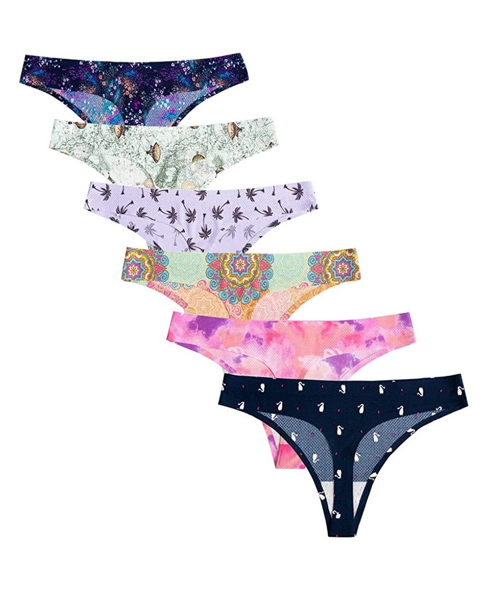Panties Lingerie Women 6 Pack Seamless Thongs Underwear Ice Silk Comfy G-string Panties - Style 4 - CQ199ZHQQ0Y