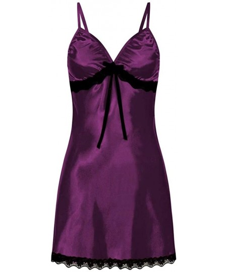 Nightgowns & Sleepshirts Womens Sexy Satin Sling Sleepwear Lingerie Lace Bowknot Nightdress Underwear Clubwear Chemise - Purp...