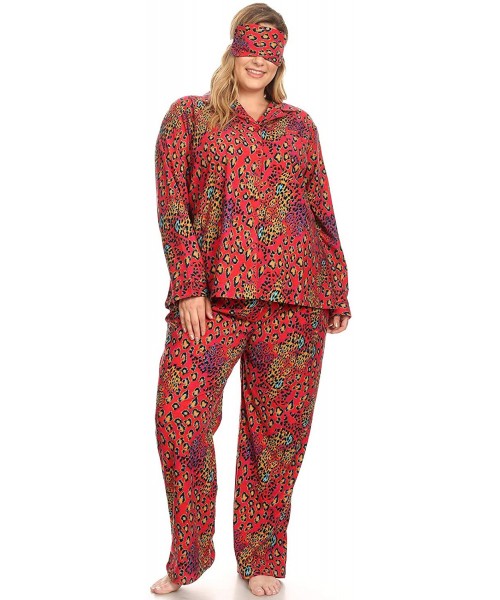 Sets Women's Plus Size Printed Flannel Pajama Set with Eye Mask - Red Leopard - CR18Y67THDC