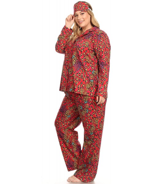 Sets Women's Plus Size Printed Flannel Pajama Set with Eye Mask - Red Leopard - CR18Y67THDC