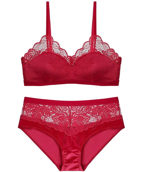 Bras Women's Push up Lace Bras Wirefree Lingerie Bra and Panties 2 Piece - Red - C718UMMIQRY