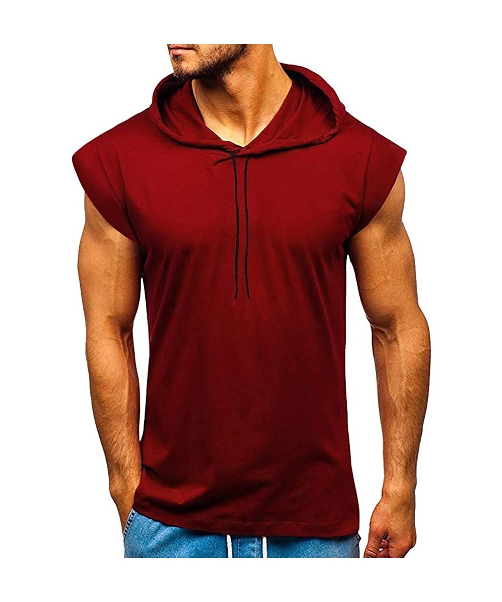 Thermal Underwear Men's Sleeveless Fitness Solid Color Drawstring Hooded Tank Top Muscle Workout Gym Shirt - D-wine - CI194N4...