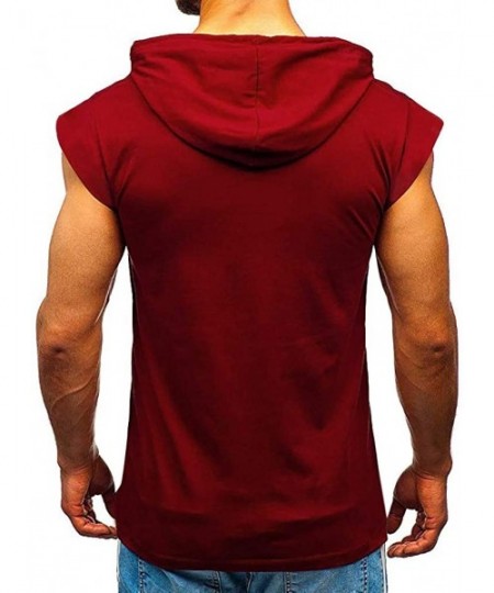 Thermal Underwear Men's Sleeveless Fitness Solid Color Drawstring Hooded Tank Top Muscle Workout Gym Shirt - D-wine - CI194N4...