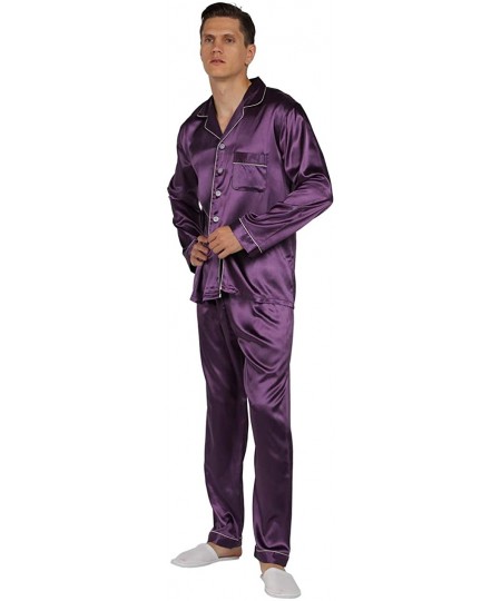 Sleep Sets Mens Satin Pajamas Set Classic Sleepwear Loungewear - Purple - CZ18NW6ETLC
