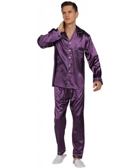 Sleep Sets Mens Satin Pajamas Set Classic Sleepwear Loungewear - Purple - CZ18NW6ETLC