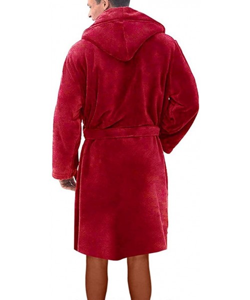 Robes Mens Robe with Hood and Pocket Fleece Pure Colour Knee Length Spa/Bath Plush Bathrobe Robes - Red - CB1928HYQ8T