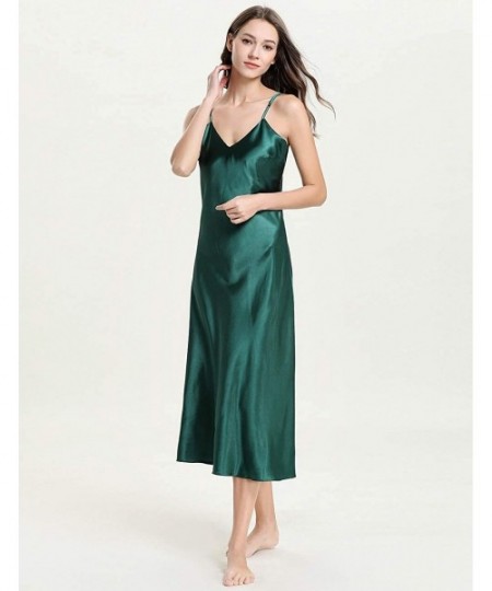 Slips Women's Satin Lingerie Elegant V-Neck Lounge Dress Long Nightgown Spaghetti Strap Chemise Nightdress - A-green - CY18ZR...