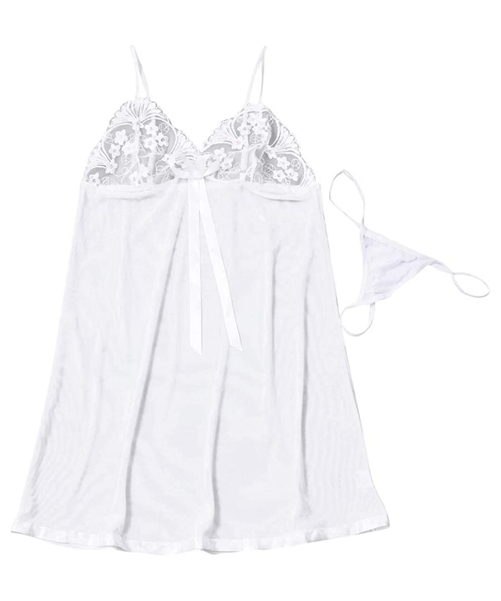Tops Sexy Lingerie for Women Sexy Lace Babydoll Sleepwear Strappy Chemise Nightdress Casual Pajamas With Thong - White - CC19...