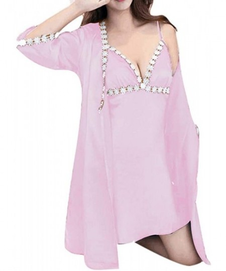 Nightgowns & Sleepshirts Womens Autumn 2PC Nightgown and Robe Sets Camisole Bath Pajama Coat Dress Sleepwear - Pink - CF18UAU...