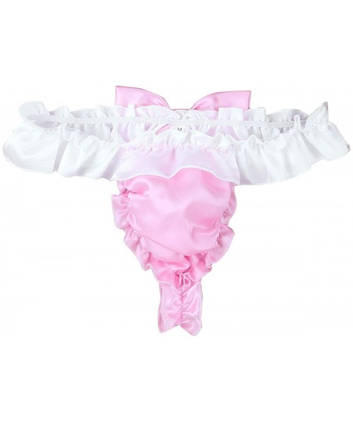 G-Strings & Thongs Mens Sissy Shiny Ruffled Satin Crossdress Low Rise G-String Thong Bikini Briefs Underwear - Pink - CX18U6T...