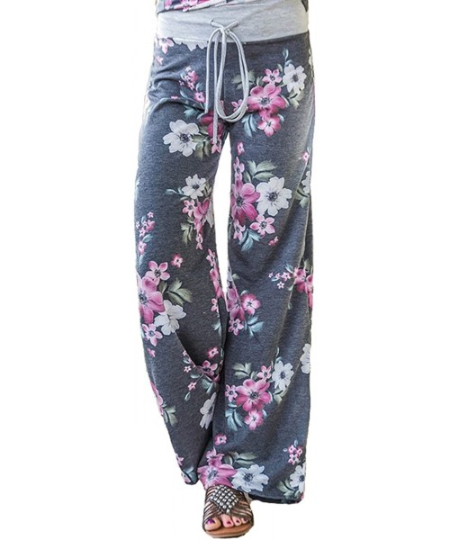 Bottoms Women's Summer Casual Pajama Pants Floral Print Drawstring Palazzo Lounge Pants Wide Leg - Grey5 - CG18EG9L7ZU
