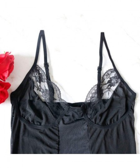 Sets Women Sexy Lace Translucent Nightdress Lingerie Wire Free Underwear with Thong - Black - CF18UYX89CT
