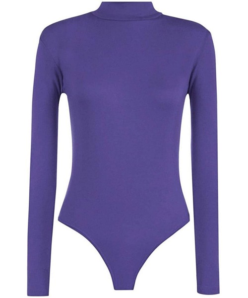 Shapewear Womens Ladies Long Sleeve Polo Turtle Neck Plain Stretch Bodysuit US 4-22 - Purple - CQ18Y3E8SGO