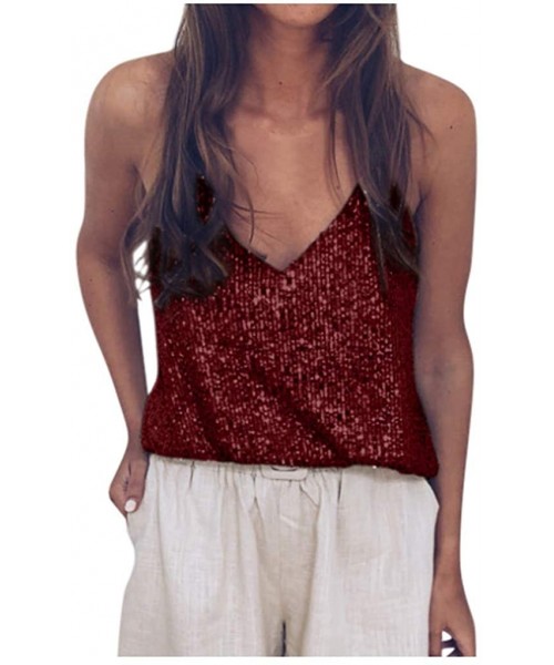 Nightgowns & Sleepshirts Women's Sequin Cami Vest Sexy Sleeveless Sparkle Shimmer Camisole Vest Sequin Tank Tops - Wine - CC1...