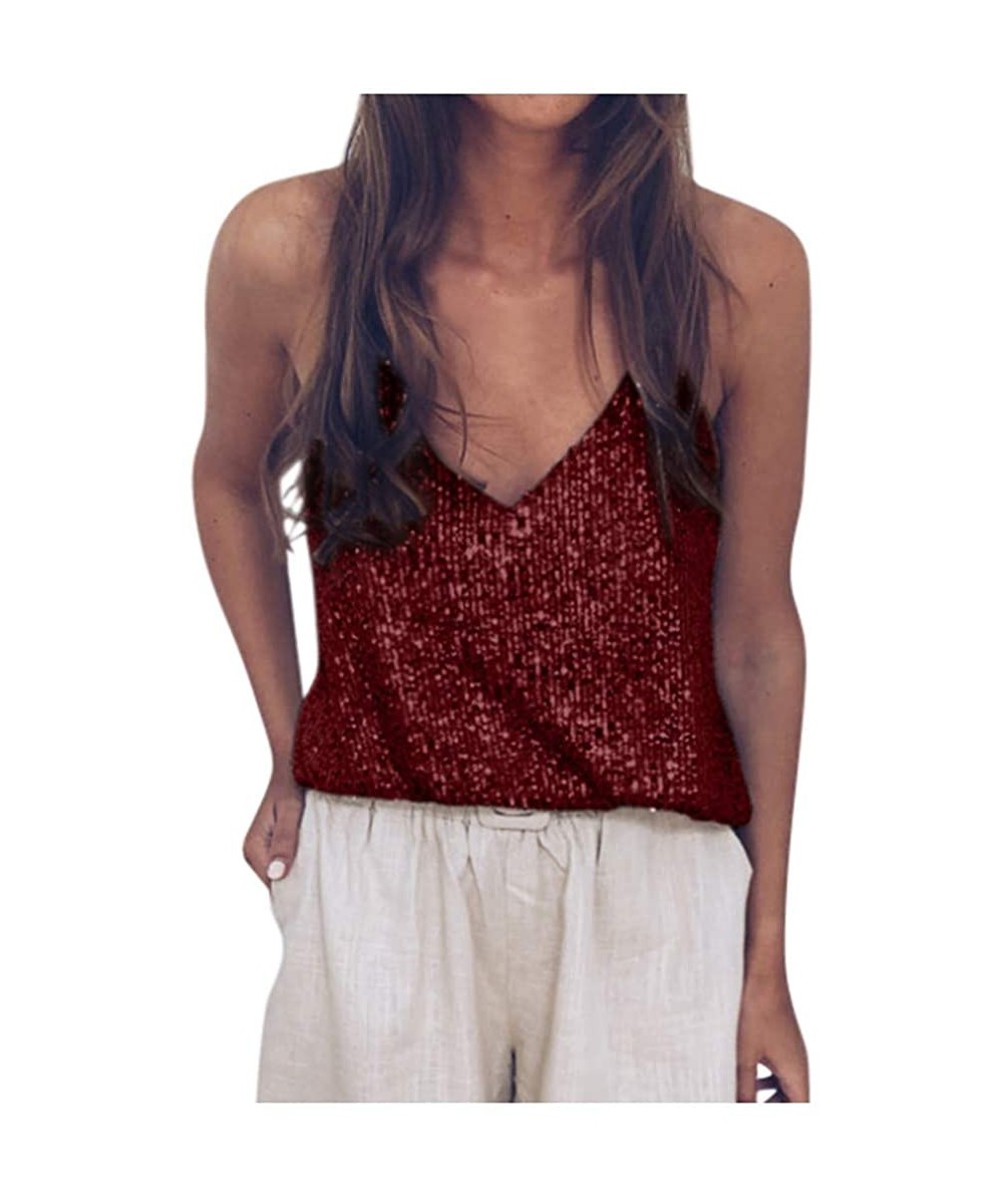 Nightgowns & Sleepshirts Women's Sequin Cami Vest Sexy Sleeveless Sparkle Shimmer Camisole Vest Sequin Tank Tops - Wine - CC1...