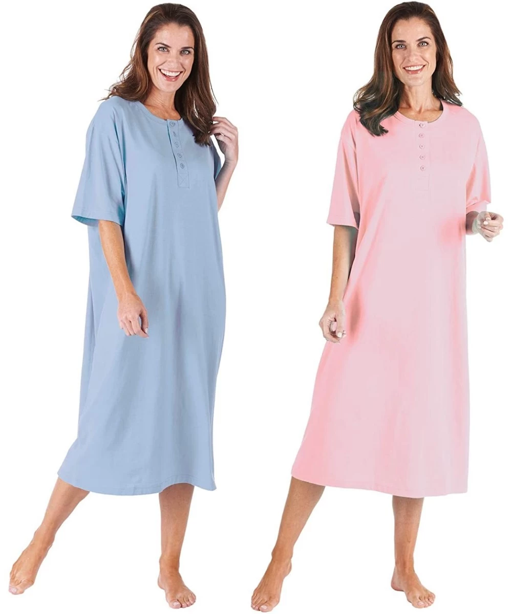 Tops Women's 2-Pack Long Henley Nightshirts - Pajama Sleep Shirt Set- Missy - Blue/Pink - C91965OLOMS