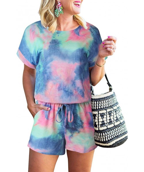 Sets Womens Summer Short Sleeve Romper Casual Loose Crew Neck Short Rompers Jumpsuits with Pockets 01 blue Green Pink - CL190...