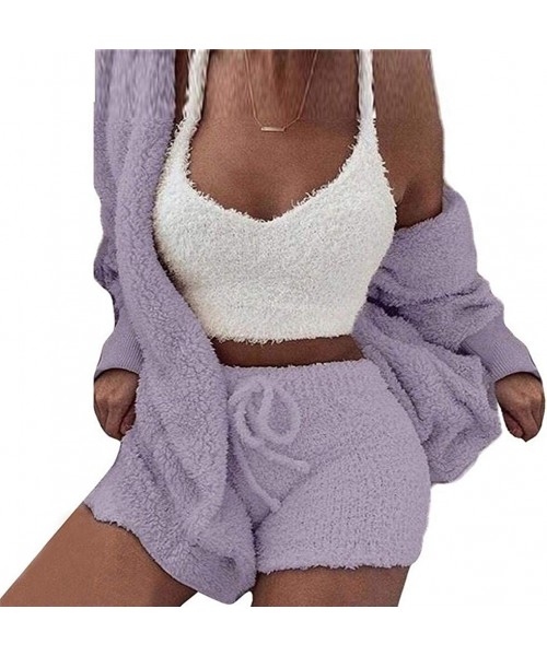 Sets Women's Sexy Fuzzy Fleece 3 Piece Outfits Pajamas Soft Sherpa Coat Jacket and Crop Top Shorts Set - Purple - C0197TDX756