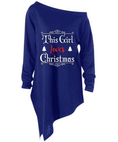 Tops Christmas Tops Women Print Funny Long Sleeve Skew Collar Tees Hot Style Shirt Casual Blouse - Blue - C418ARLS9NI