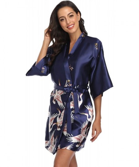 Robes Women's Floral Crane Kimono Robe Short Silky Sleepwear Plus Size Satin Spa Party Dressing Gown - Navy Blue - CR199UC00A6