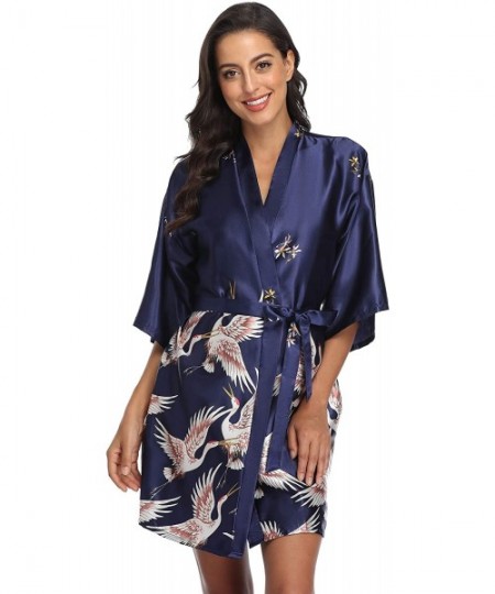 Robes Women's Floral Crane Kimono Robe Short Silky Sleepwear Plus Size Satin Spa Party Dressing Gown - Navy Blue - CR199UC00A6