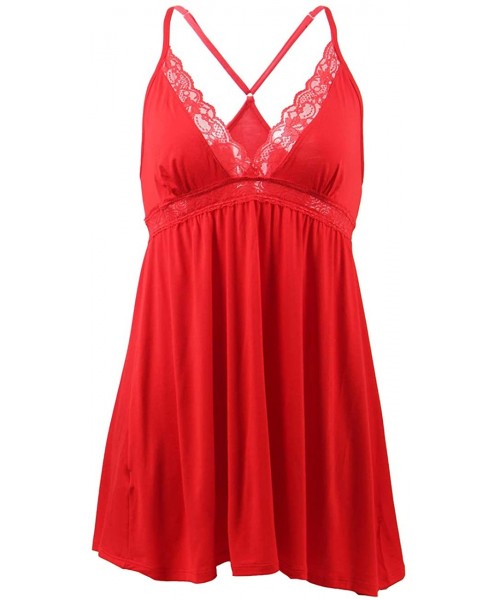 Baby Dolls & Chemises Women Babydoll Lingerie Plus Size Lace Sleepwear V Neck Chemise Nightgown Dress M-5XL - Style 1 Red - C...