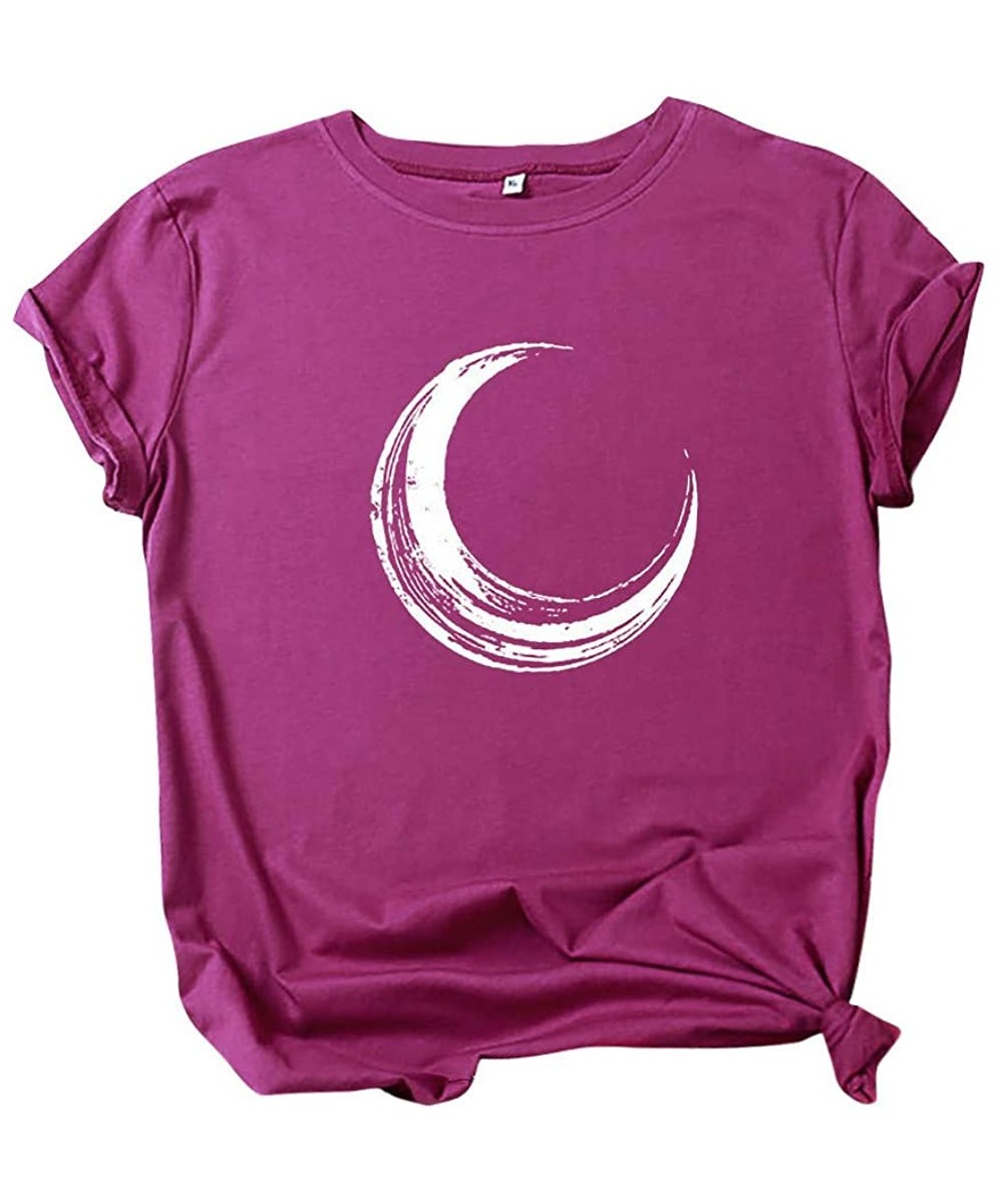 Thermal Underwear Women's Blouse Casual Moon Printing Short Sleeve O-Neck T-Shirt Tops - Wine - C4199IHKISL