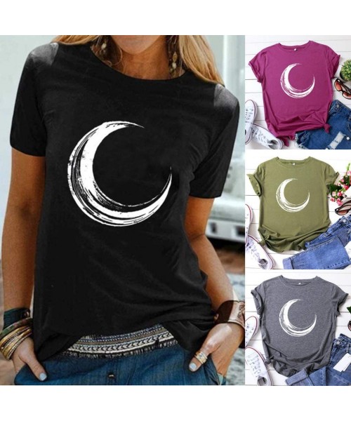 Thermal Underwear Women's Blouse Casual Moon Printing Short Sleeve O-Neck T-Shirt Tops - Wine - C4199IHKISL
