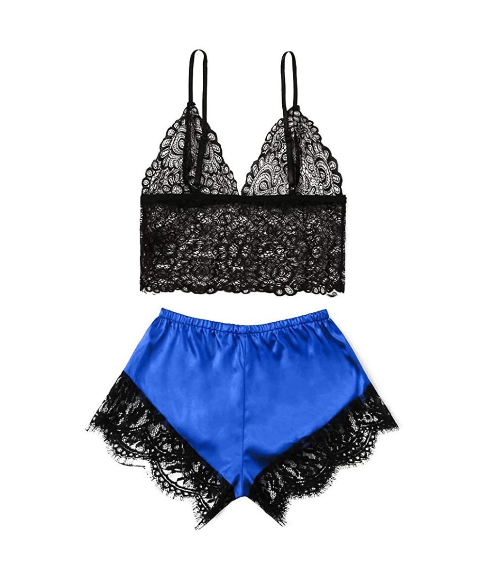 Sets Women 's Sexy Lingerie Sleepwear Lace Cami Top and Silk Shorts Pajama Set - Blue - C019CGM5TE0