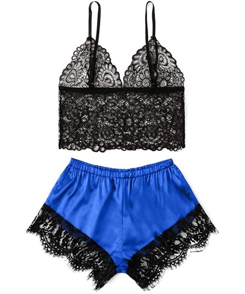Sets Women 's Sexy Lingerie Sleepwear Lace Cami Top and Silk Shorts Pajama Set - Blue - C019CGM5TE0