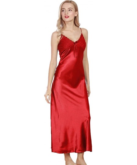 Nightgowns & Sleepshirts Women's Satin Sleep Dress Silk Lace Sleeveless Split Sling Lingerie Chemise Nightgown - Red - C318RU...