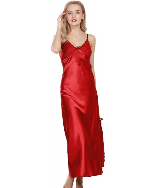Nightgowns & Sleepshirts Women's Satin Sleep Dress Silk Lace Sleeveless Split Sling Lingerie Chemise Nightgown - Red - C318RU...