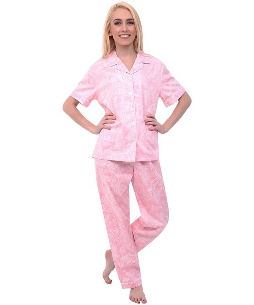 Sets Women's Lightweight Button Down Pajama Set- Short Sleeved Polka Dot Cotton Pjs - Pink With White Paisleys- Piping With W...