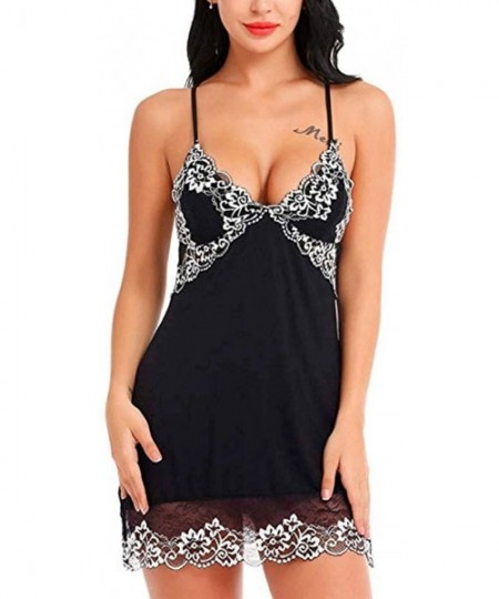 Baby Dolls & Chemises v-Neck Lingerie Sexy Lace Babydoll Mesh Chemise Nightwear Outfits(S-XL) - Black - CE193C0K0SI