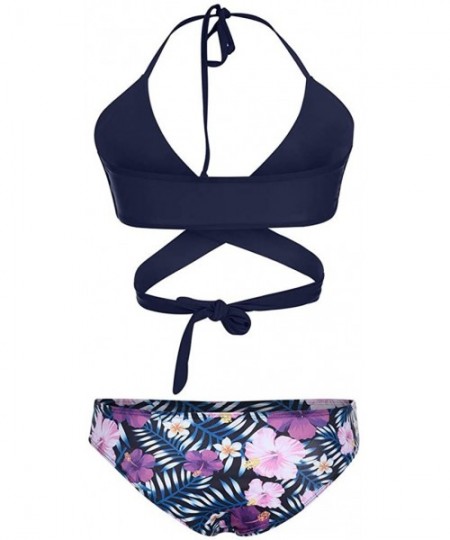 Tops Women High Waist Bikini Push Up Bikinis Print Swimsuit Female Beachwear Swimwear - B-blue - CZ1962GUD88